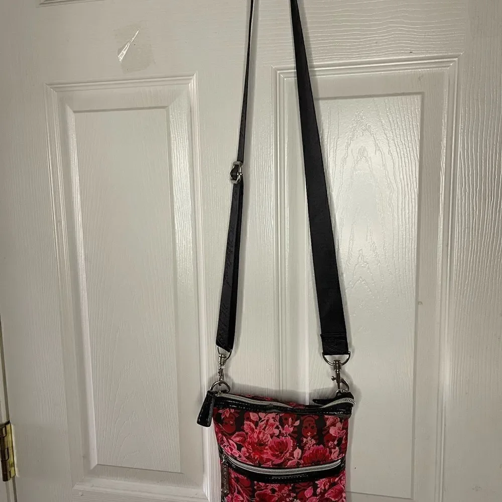 Betsey Johnson Nylon pink ,Red Flowers & skulls Small crossbody bag black trims